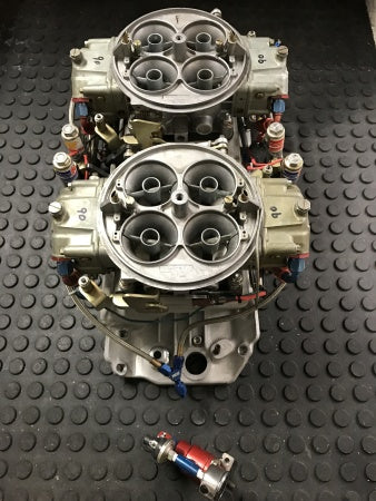 Cargue la imagen en el visor de la galería, Weiand BBC 9.8” Deck Tunnel Ram Manifold with Dual Holley 1050 Dominators and Complete NOS Single Stage Fogger System