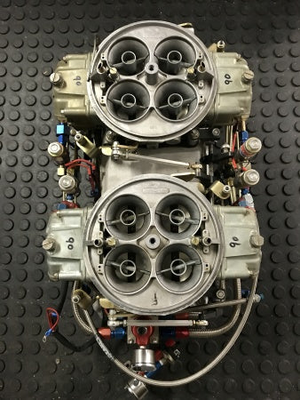 Load image into Gallery viewer, Weiand BBC 9.8” Deck Tunnel Ram Manifold with Dual Holley 1050 Dominators and Complete NOS Single Stage Fogger System
